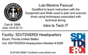 Instructor Trainer Intro To Tech. Introducción al buceo técnico , cursos a nivel de buceador o de Instructor.
